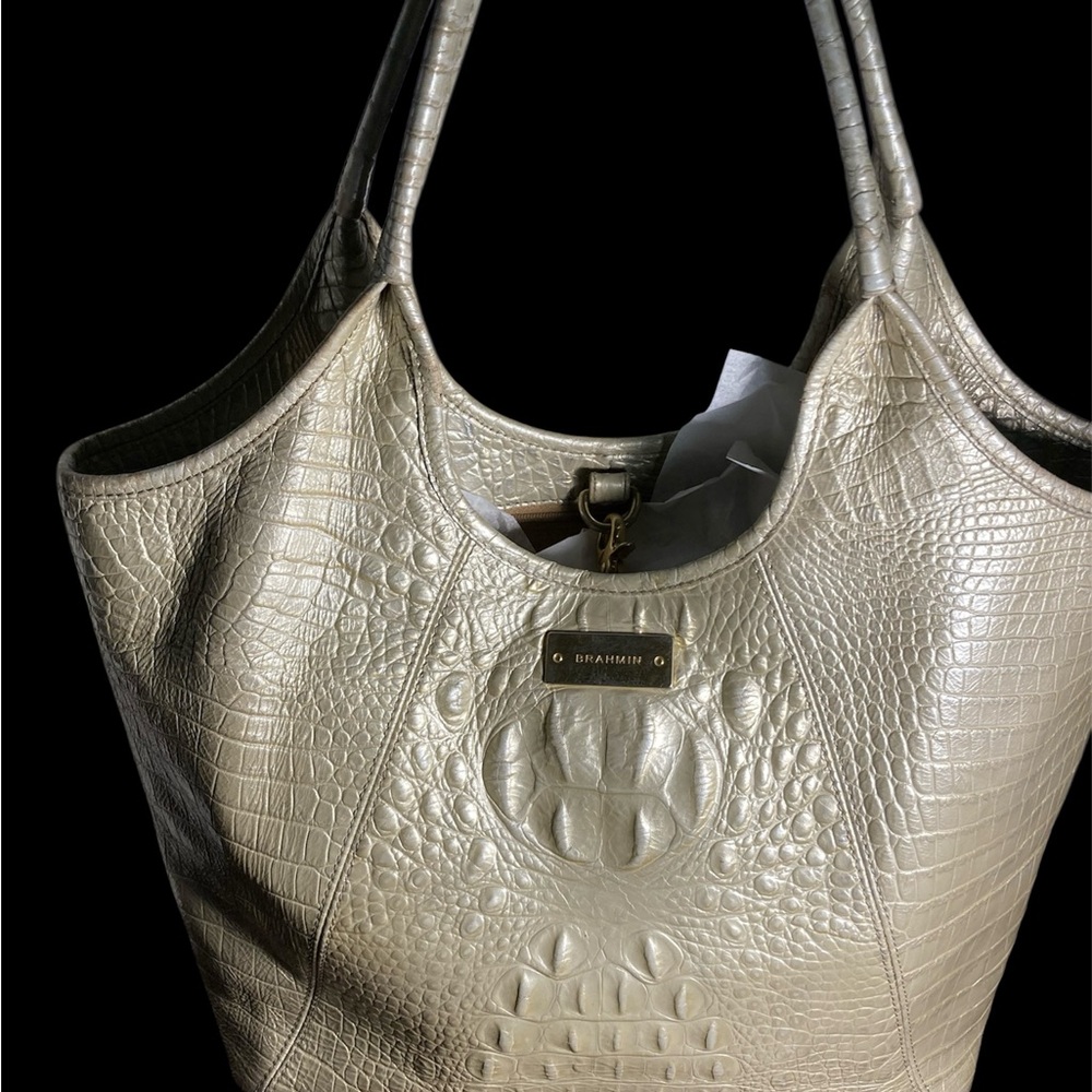Brahmin Melora Textured Croc embossed  Leather Tote in Cream